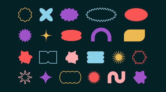 Geometric color abstract different shape sticker set. Graphic elements in minimalist style. Collection figures circle, star, wave blob. Modern design form. illustration on black background vector