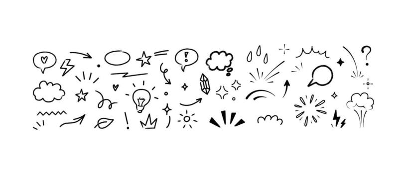 mano dibujado garabatear elemento colocar. bosquejo nubes, estrellas, flechas, y bombilla íconos para notas y creativo diseño vector