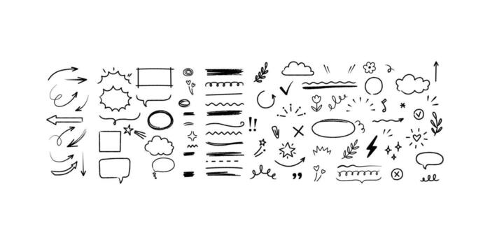 mano dibujado garabatear elementos colocar. bosquejo flechas, marcos, nubes, y líneas para notas y presentaciones vector