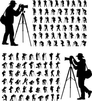 Camera operator silhouettes in various recording positions vector