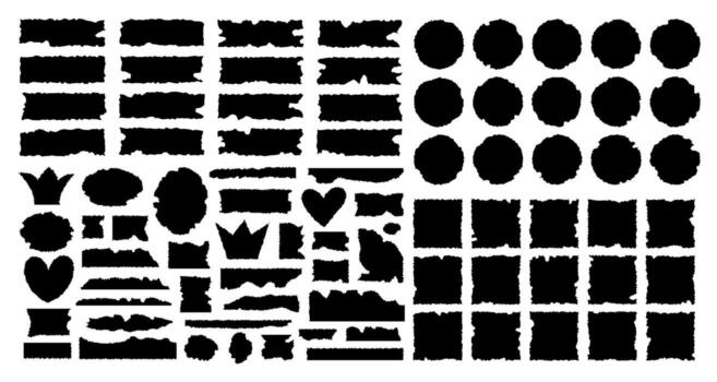 Set of jagged rectangle, square, circle and abstract crown, heart shapes with rough edge. Torn paper grunge frame collage. Rip cut banner border design vector