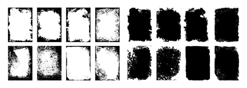 Overlay textures set stamp with grunge effect. Old damage Dirty grainy and scratches. Set of different distressed black grain texture. Distress overlay textures. vector