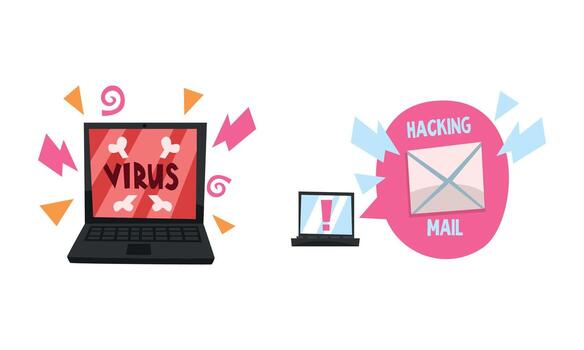 Hacking Mail and Virus on Laptop Breaking Mobile Security Set vector
