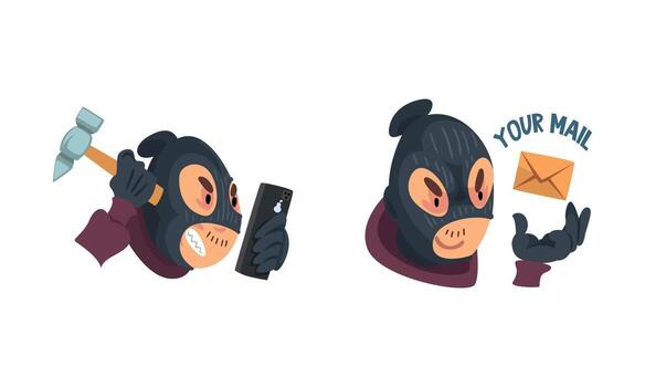 Hacker in Black Mask Breaking Password and Mobile Security with Hammer Set vector