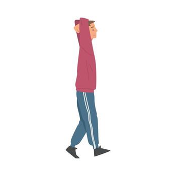 positivo hombre personaje caminando con sonriente cara sensación eufórico y en alto espíritu ilustración vector