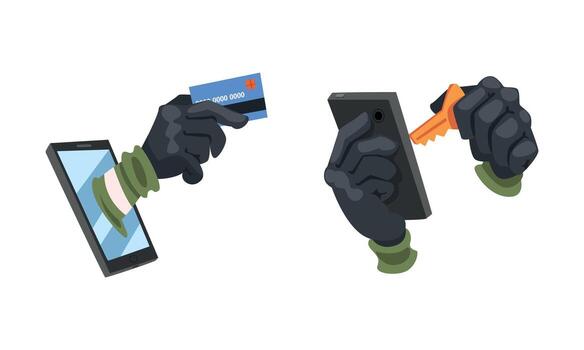 Hacker in Black Gloves Breaking Password and Mobile Security Set vector