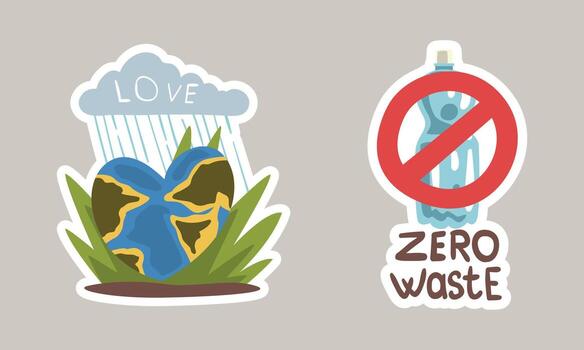 Go Green Sticker with Zero Waste Emblem and Heart Globe in Green Grass Set vector