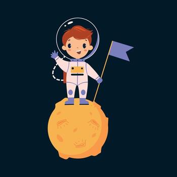 Space Adventure with Little Boy Astronaut in Spacesuit on the Moon with Flag Exploring Galaxy Illustration vector