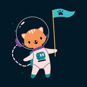 Space Adventure with Cat Astronaut in Spacesuit with Flag Exploring Galaxy Illustration vector