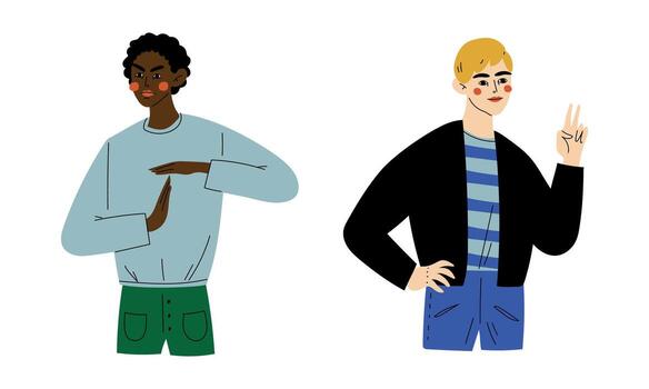 Young Man Showing Hand Gesture Expressing Emotion and Reaction Set vector