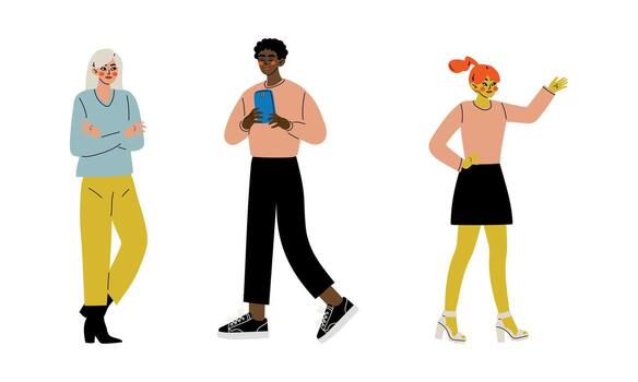 de moda estudiante personaje con teléfono inteligente y elevado arriba mano buscando para responder conjunto vector