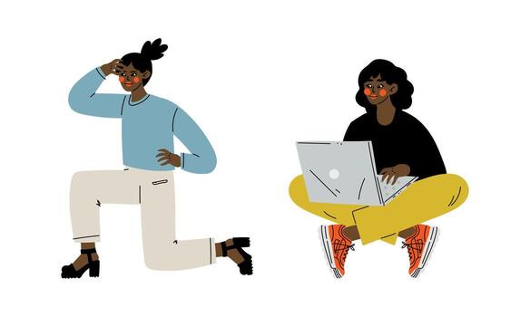 de moda estudiante personaje con ordenador portátil y participación mano cerca frente buscando para responder y idea conjunto vector