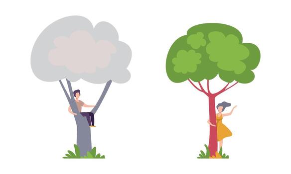 hombre y mujer personaje en pie detrás árbol maletero y sentado en rama echar un vistazo y mirando conjunto vector