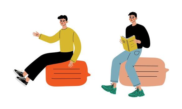 de moda estudiante personaje con abierto libro buscando para responder y idea conjunto vector