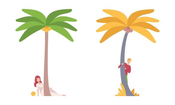 Man and Woman Character Sitting and Standing Behind Tree Trunk Peeking and Looking Set vector