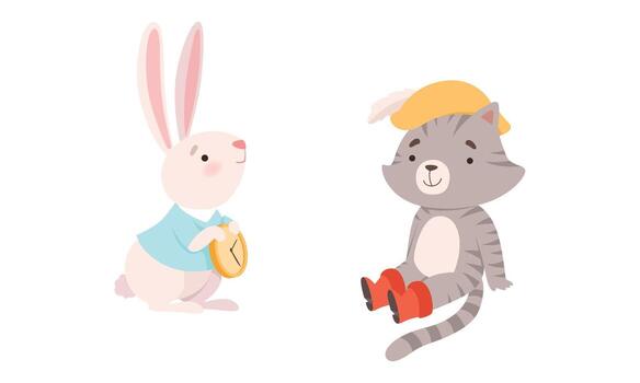 Fairytale Character with Rabbit Holding Clock and in Boots Set vector