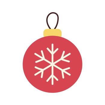A red ornament with a snowflake design. The snowflake is drawn in a stylized way, with each branch having a different length and angle. The ornament is hanging from a string vector
