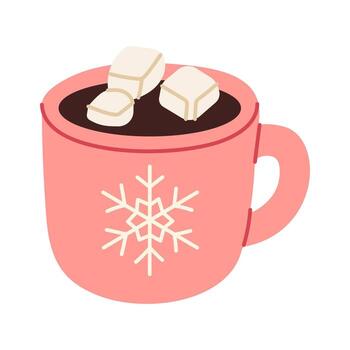 A cup of hot chocolate with marshmallows on top and a snowflake design on the side vector
