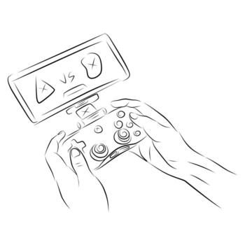 A hand holding a controller with a game on it vector