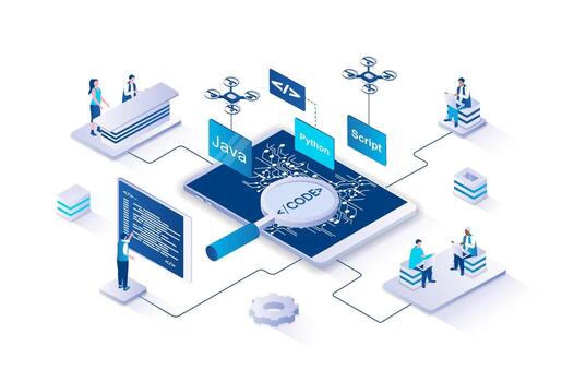 programación 3d isométrica concepto con isometria personas diseño para web. programadores desarrollando software y creando nuevo programas, trabajando con código, optimizar y lanzamiento producto. ilustración. vector
