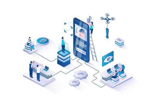 People engaging with technology for security vector