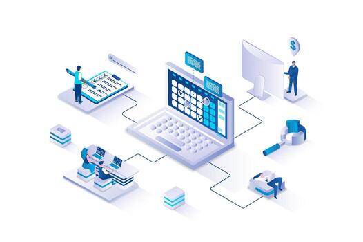 Planning 3d isometric concept with isometry people design for web. People making schedules with tasks on laptop, marking dates on calendar, organizing workflow and daily agenda. illustration. vector