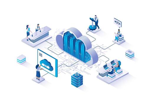 nube informática 3d isométrica concepto con isometria personas diseño para web. usuario trabajando con nube tecnología de archivos descargar y almacenamiento, compartiendo datos con proteccion servicio. ilustración. vector
