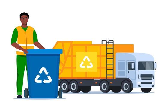 basura camión y saneamiento trabajador licenciado en Derecho. basura hombre en uniforme con basura compartimiento y reciclaje símbolo en él. basura clasificación. cero desperdiciar, ambiente proteccion concepto. vector