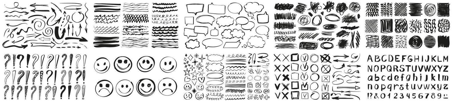 Mega set marker scribbles. Handwriting arrows, alphabet, check marks, emoji, speech bubbles, underline set of marker brush stroke texture. Bundle of different doodles. Collection illustrations. vector