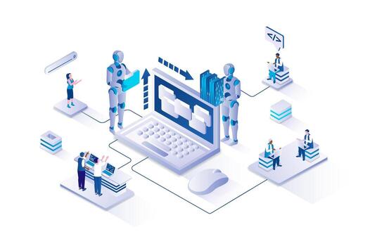 Robots assisting humans in technology tasks vector