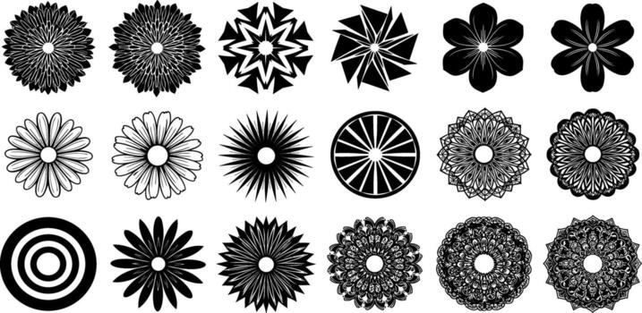 Elegant collection of black and white design elements, featuring stylized floral patterns, intricate mandalas, and dynamic geometric radial shapes vector