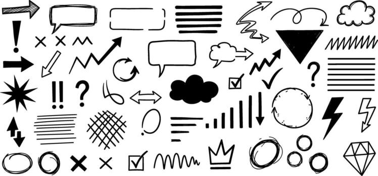 Hand-drawn graphic elements set Arrows, speech bubbles, check marks, and design elements vector
