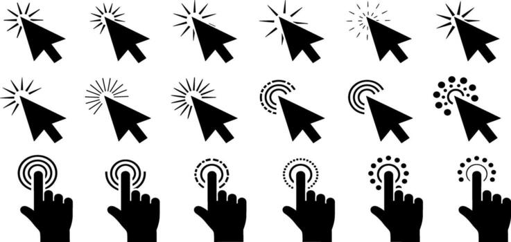un diverso formación de cursor y hacer clic iconos, mezcla flecha punteros y dedo grifo símbolos para moderno usuario interfaz diseño vector