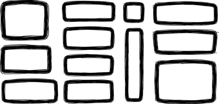 Set of hand-drawn rounded rectangle frames and borders with rough scribbled lines, perfect for graphic design and scrapbooking elements vector