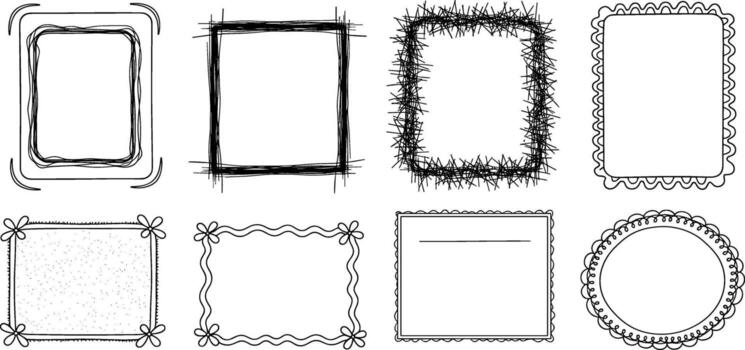 A versatile collection of eight hand-drawn doodle frames and sketchy borders. Set of isolated black and white design elements for creative projects vector