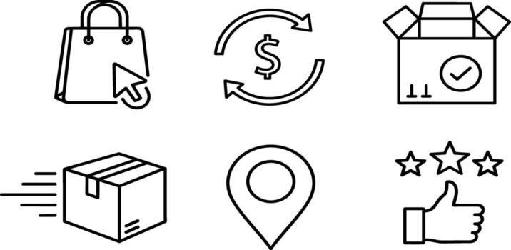 Comprehensive collection of modern outline icons illustrating key aspects of e-commerce, encompassing online shopping, order processing, global delivery, money transactions, and customer satisfaction vector