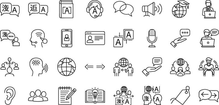 Sleek collection of line icons depicting global communication, language translation, interpretation services, and digital linguistic tools for web and mobile applications vector