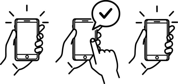 icono conjunto de un mano utilizando un teléfono inteligente, ilustrando un exitoso en línea confirmación con un marca de verificación símbolo vector