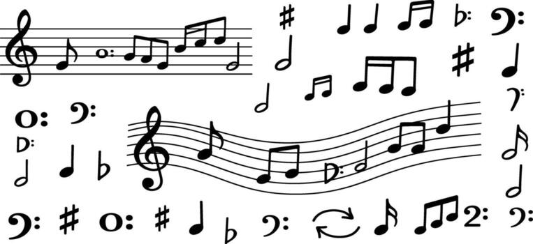 Comprehensive collection of diverse black musical notes and symbols, including clefs, sharps, flats, and rhythmic elements, ideal for educational resources, graphic design projects, vector