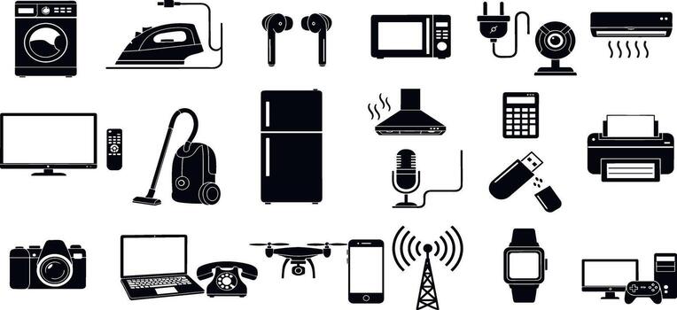 Modern black and white icon set of household appliances, consumer electronics, and digital technology devices. Essential graphics for web, mobile, and print design vector