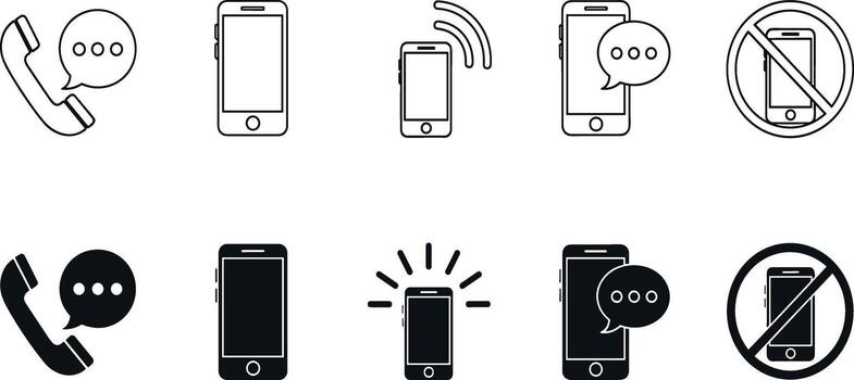 Mobile phone icons collection, representing calls, messages, and notifications, ideal for app design and digital communication interfaces vector