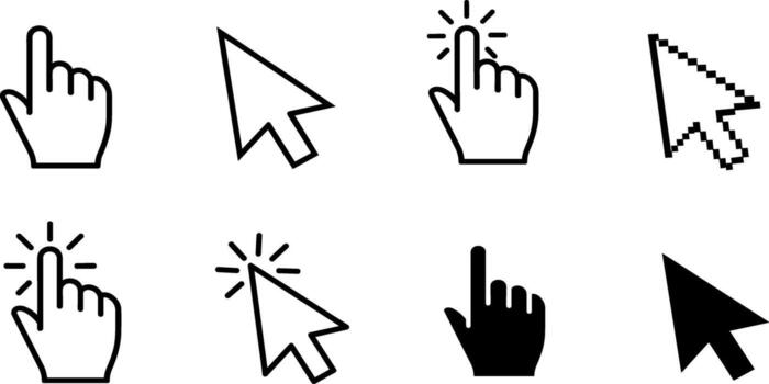Collection of Computer Cursor Icons Showing Pointing Hand and Arrow in Various Styles on White Background vector