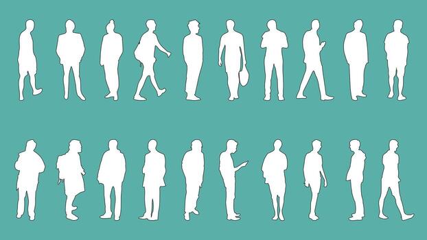 silhouette set of men in standing and walking poses. Perfect for architecture drawings, clipart, graphic design, and creative projects. vector