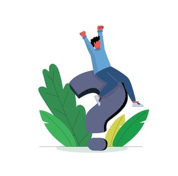 Man Celebrating on Question Mark Finding Answers and Solutions vector