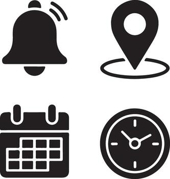 A collection of four distinct black icons representing essential digital functions like notifications location services calendar events and time tracking vector