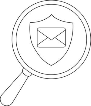 A magnifying glass encircles a shield containing an envelope icon vector