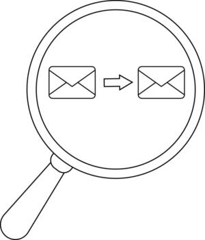 A magnifying glass focuses on an arrow pointing from one envelope to another vector