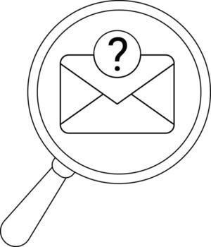 A magnifying glass focuses on an email icon with a question mark above it vector
