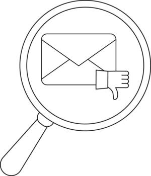 A magnifying glass focuses on an email icon with a thumbsdown gesture next to it vector