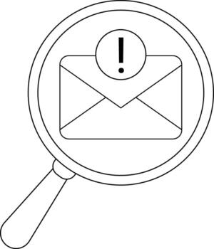 A magnifying glass focuses on an email icon with an exclamation mark above it vector